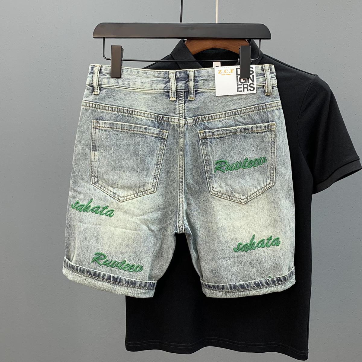 트렌디 브랜드 그린 레터 자수 슬림 데님 반바지 (남아 - Streetwear Brand Jorts 리뷰 및 가격