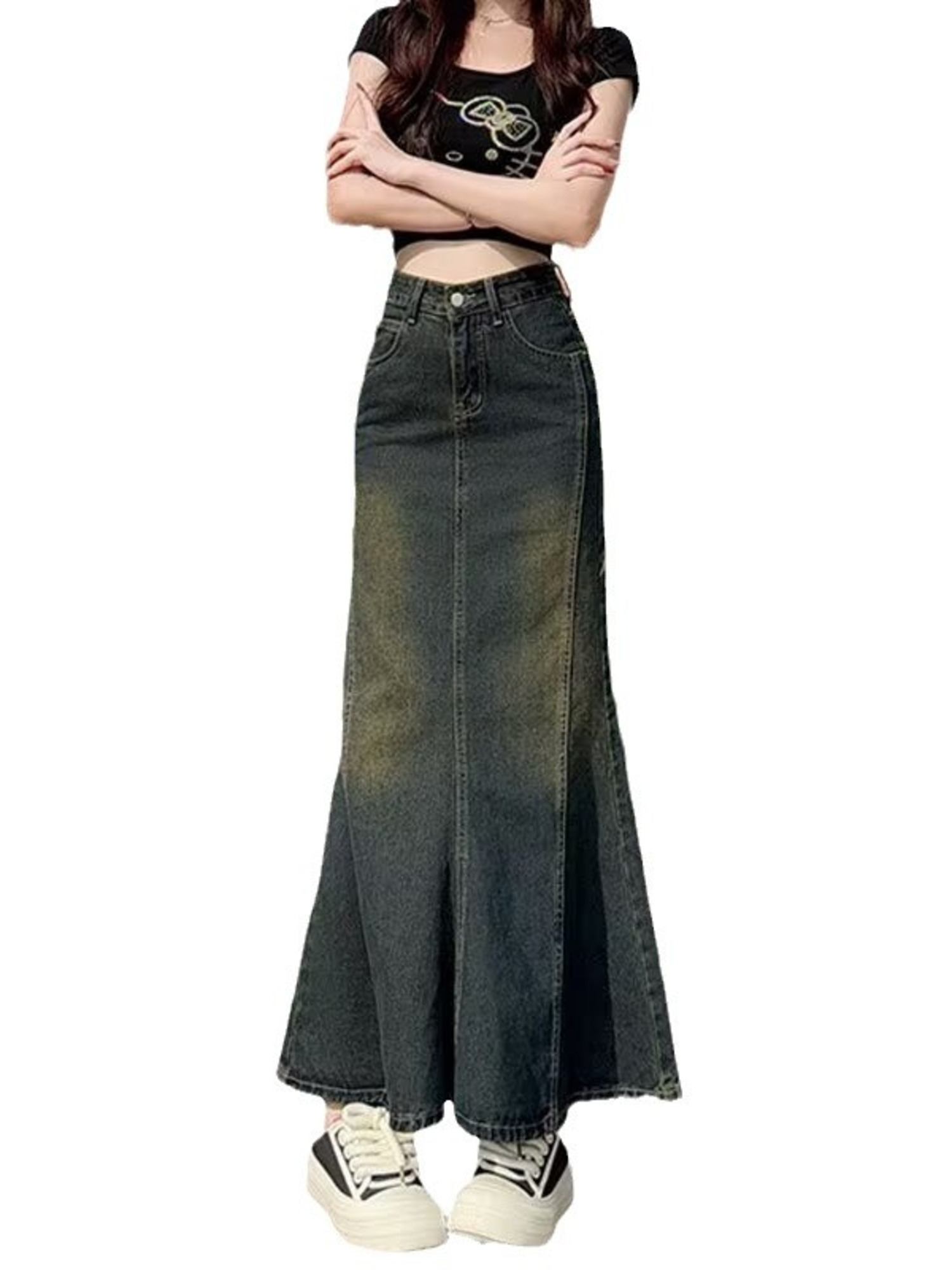 여성용 빈티지 워싱 데님 머메이드 맥시 스커트 하이웨이 - Streetwear Brand Pants 리뷰 및 가격