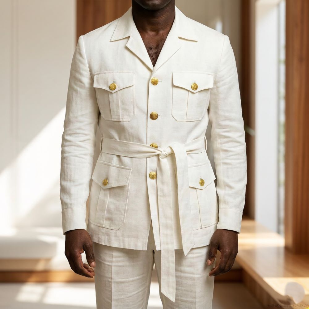 남성용 오프화이트 리넨 사파리 수트 2피스 노치드 라펠 - Off White Belt 리뷰 및 가격